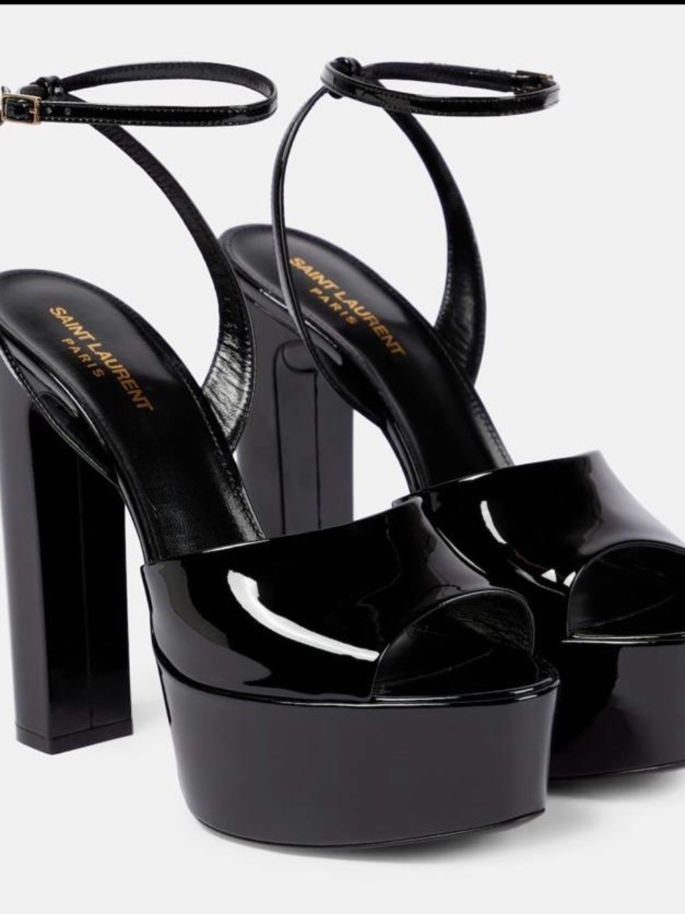 Saint Laurent Black Patent Platform Peep-Toe Sandals with Ankle Strap